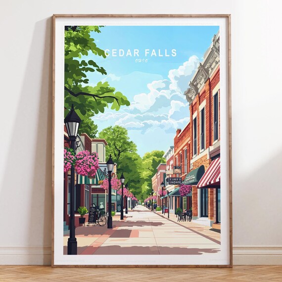 Cedar Falls Ohio Downtown Street Scene Vintage Travel Poster