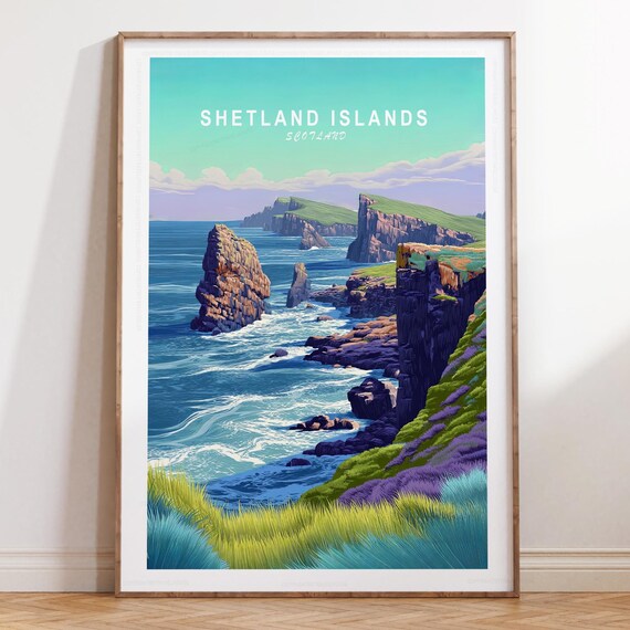 Shetland Islands Scotland Sea Stacks Coastal Waves Travel Poster