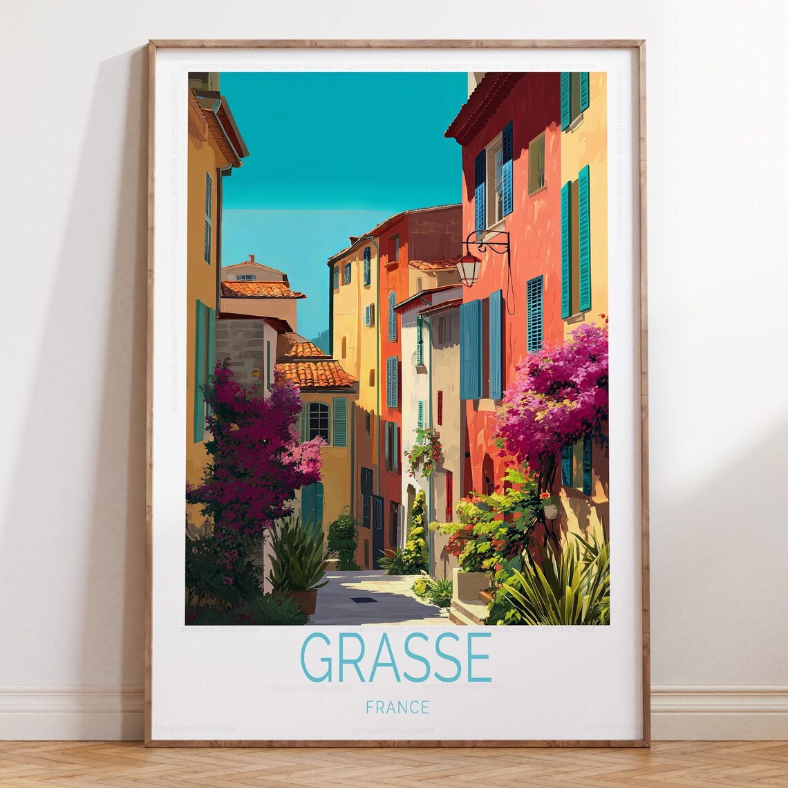 Grasse France Colorful Old Town Bougainvillea Street Travel Poster