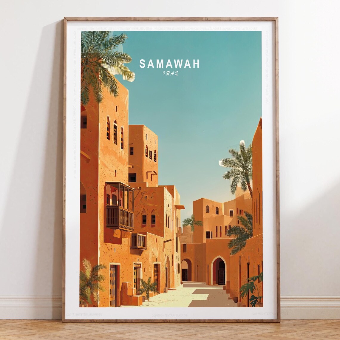 Samawah Iraq Golden Old Town Balconies Palm Trees Travel Poster