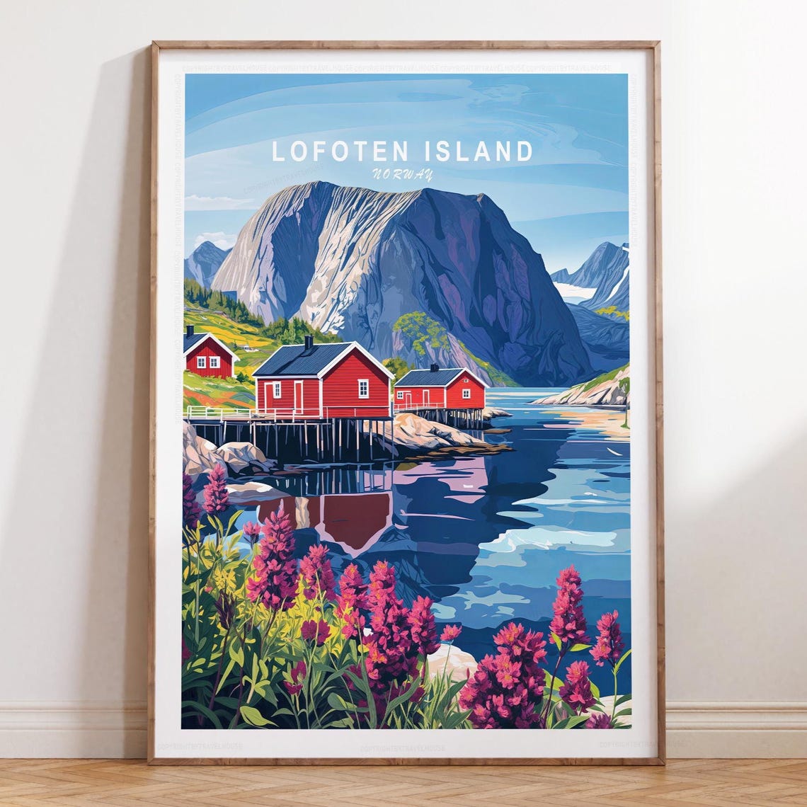 Lofoten Island Norway Red Cabins Mountain Lake Text Top Poster
