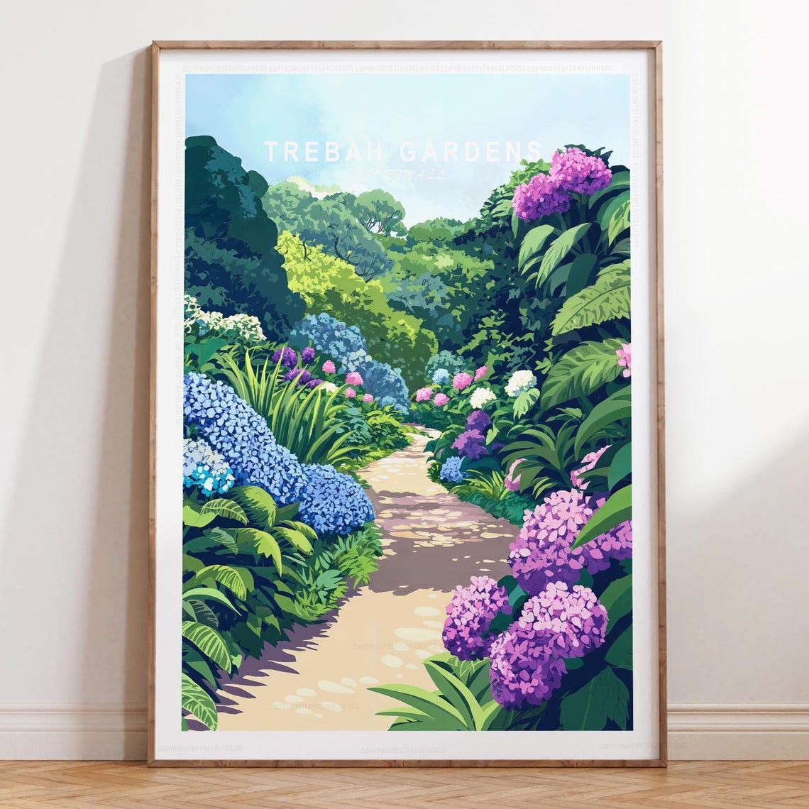 Trebah Gardens Cornwall Blue Hydrangea Lane Travel Poster Artwork
