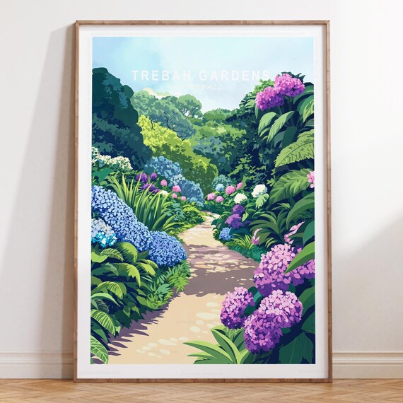 Trebah Gardens Cornwall Blue Hydrangea Lane Travel Poster Artwork