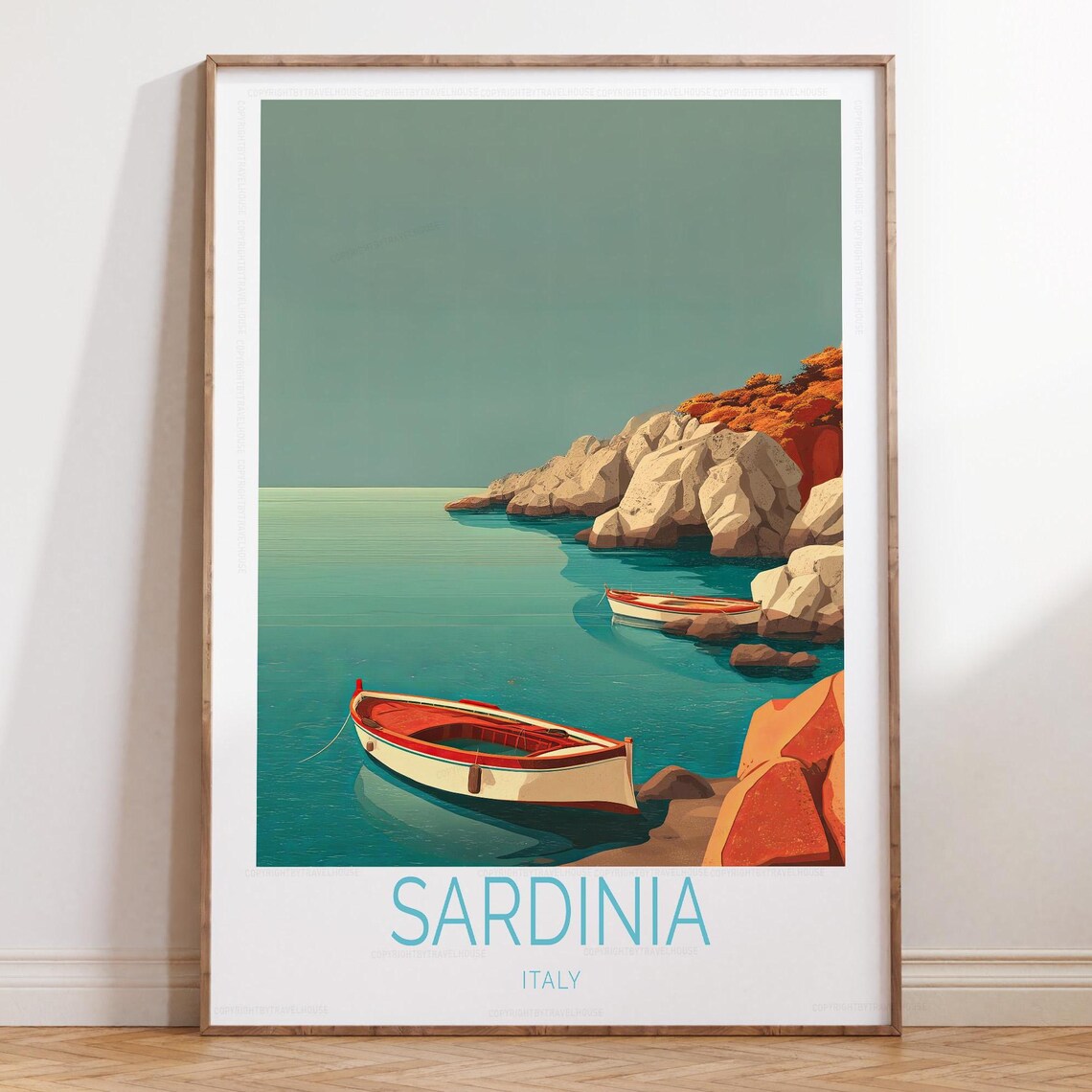 Sardinia Italy Lone Red Fishing Boat in Rocky Cove Travel Poster