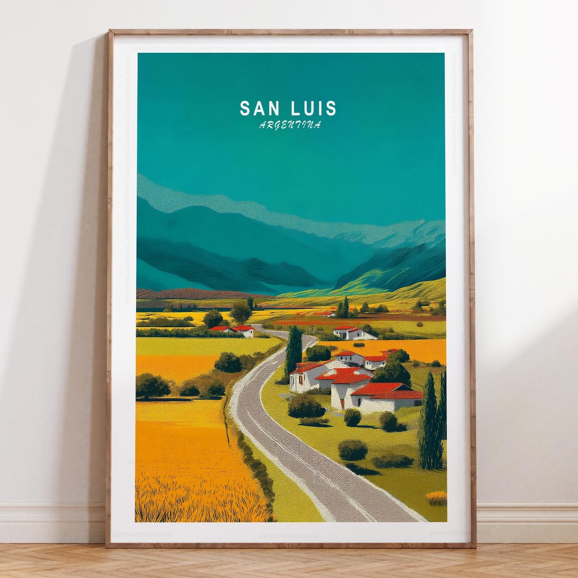 San Luis Argentina Golden Valley Road Village Sunset Travel Poster