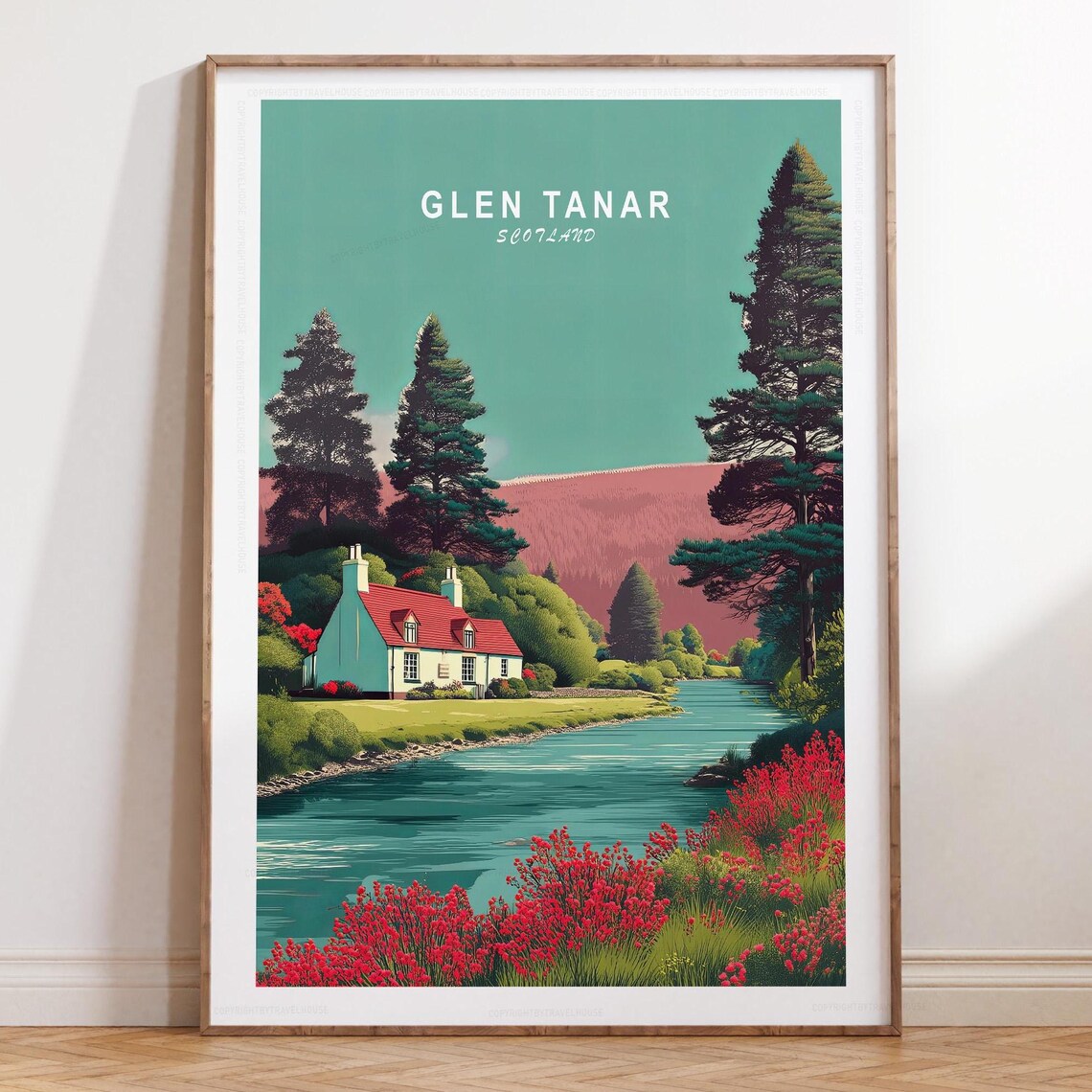 Glen Tanar Scotland River Cottage With Red Blooms Travel Poster