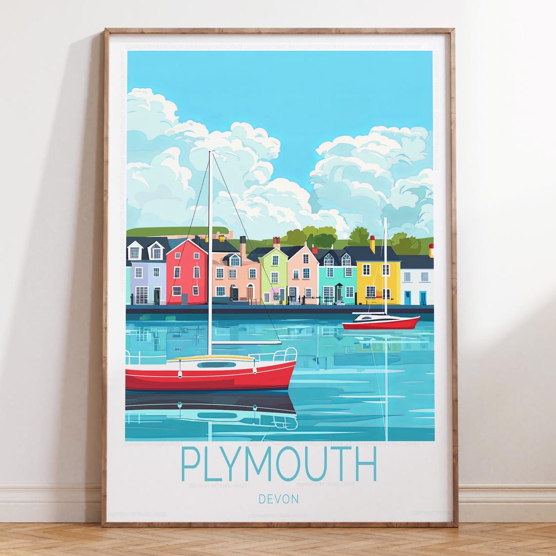 Plymouth Devon Harbor Red Boat Cotton Clouds Bright Sky Travel Poster