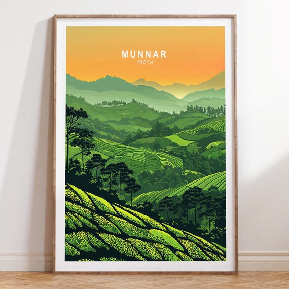 Munnar India Minimalist Tea Hills Sunset Orange Sky Travel Poster