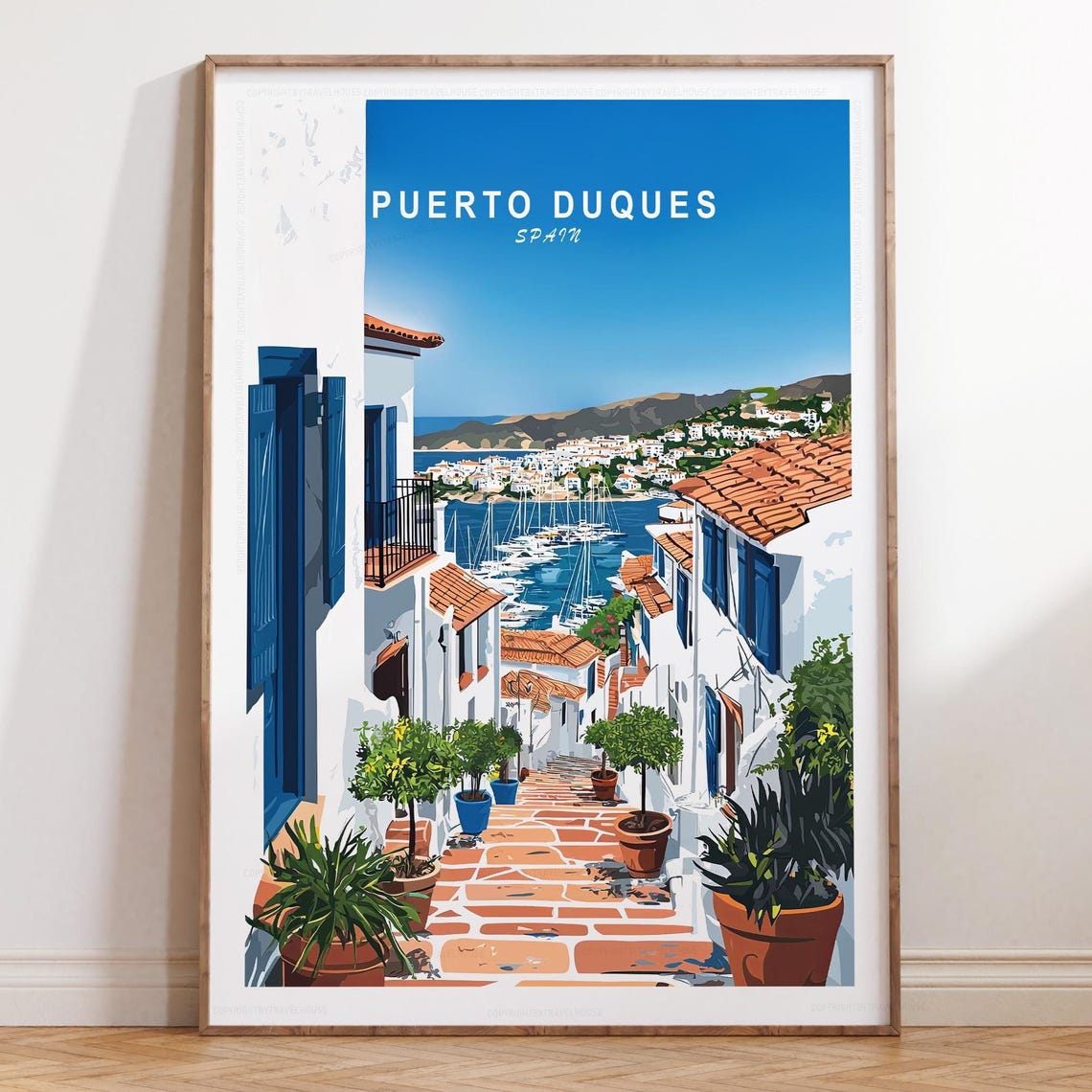 Puerto Duques Spain Harbor Overlook Sky Title Vintage Travel Poster