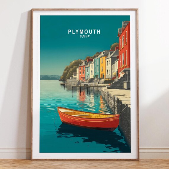 Plymouth Devon Red Rowboat Foreground By Colorful Quay Travel Poster
