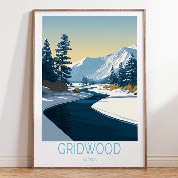 Gridwood Alaska Snowy River Bend Mountain Winter Travel Poster