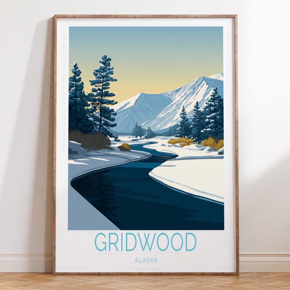 Gridwood Alaska Winter Print Ski Poster Wall Art Home Decor Gifts Personalised Travel