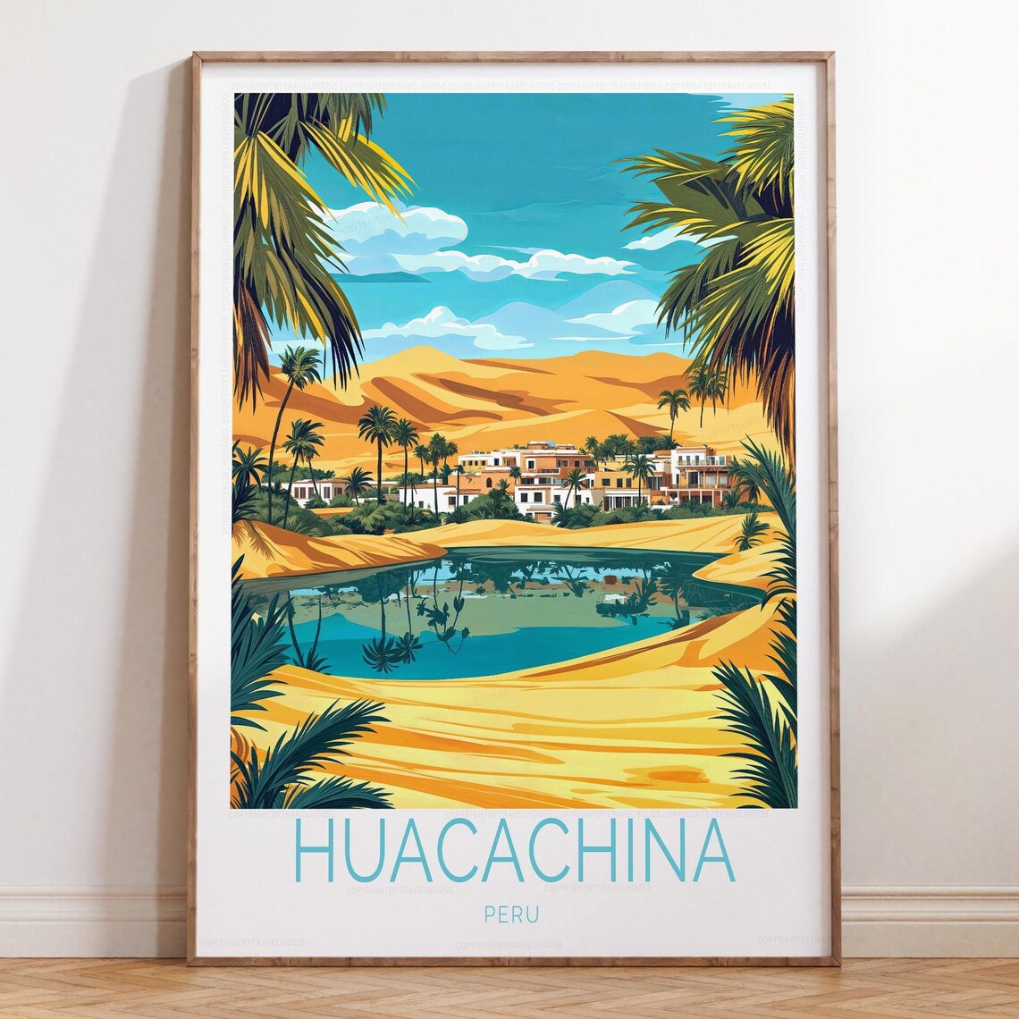 Huacachina Peru Lagoon Palms Blue Sky Desert Oasis Travel Poster