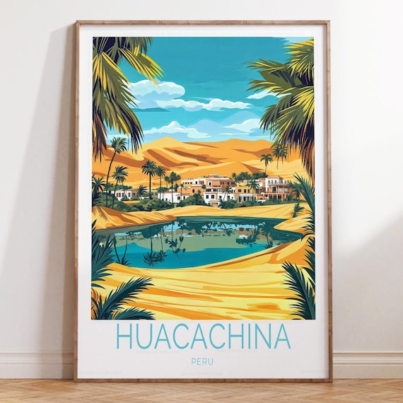 Huacachina Peru Lagoon Palms Blue Sky Desert Oasis Travel Poster