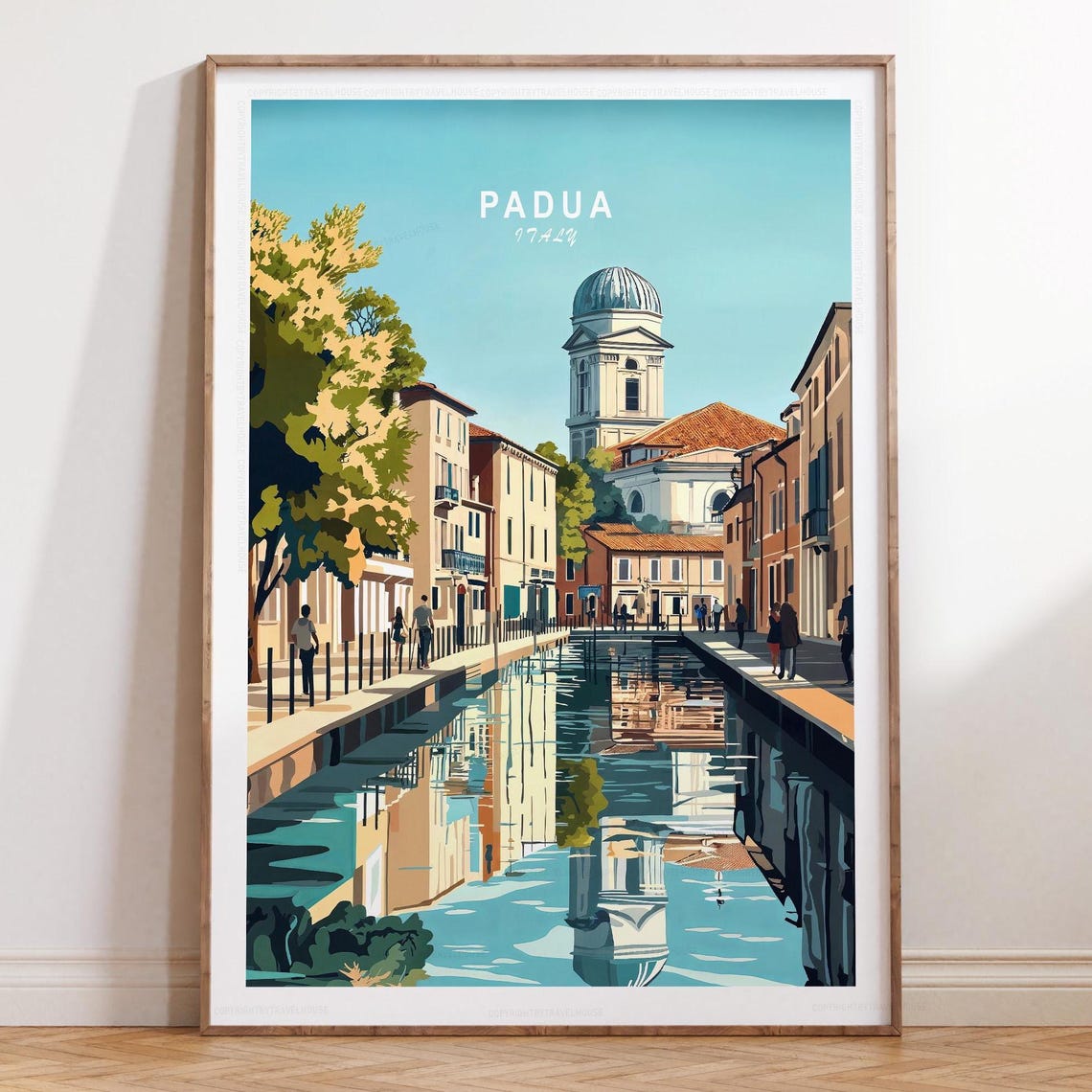 Padua Italy Canal Reflections Church Tower Top Text Travel Poster
