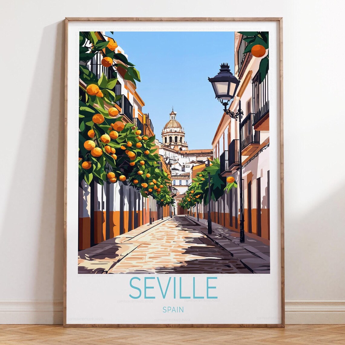 Seville Spain Orange Tree Street Cathedral View Travel Poster