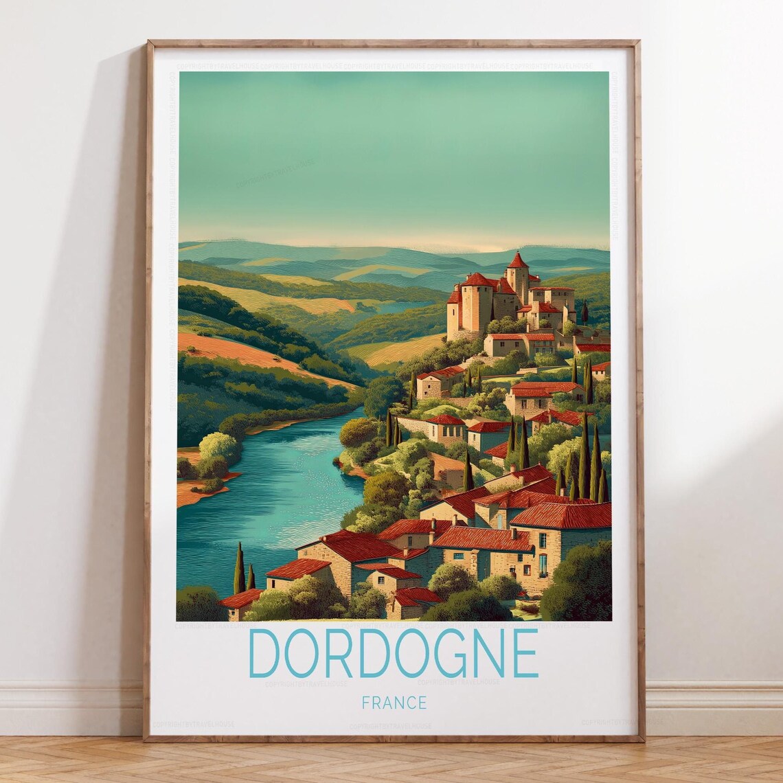 Dordogne France Castle Village River Bold Bottom Title Travel Poster
