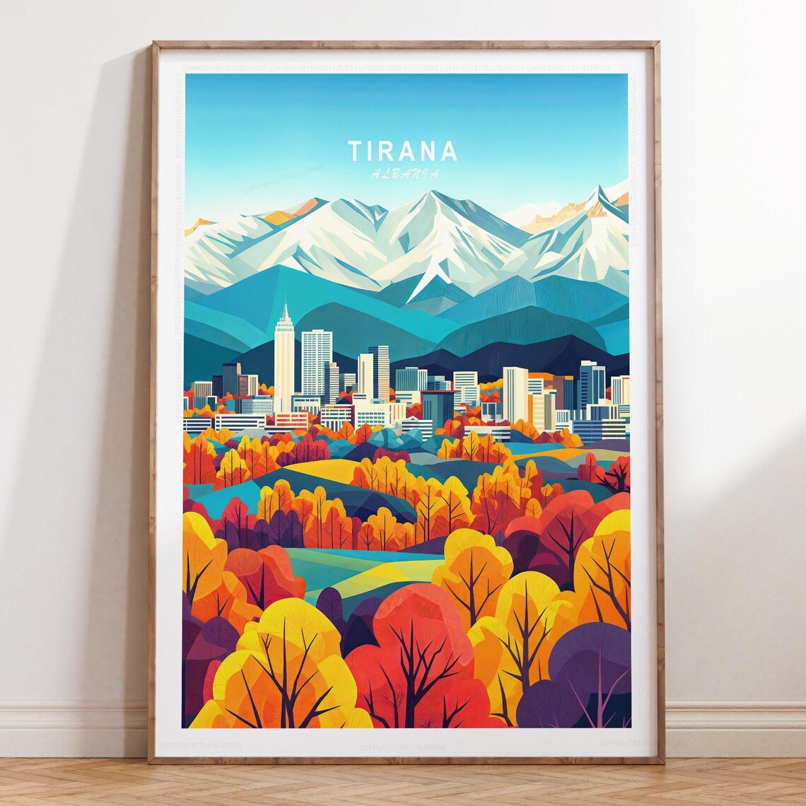 Tirana Albania Autumn Cityscape With Snowy Mountain Peaks Poster