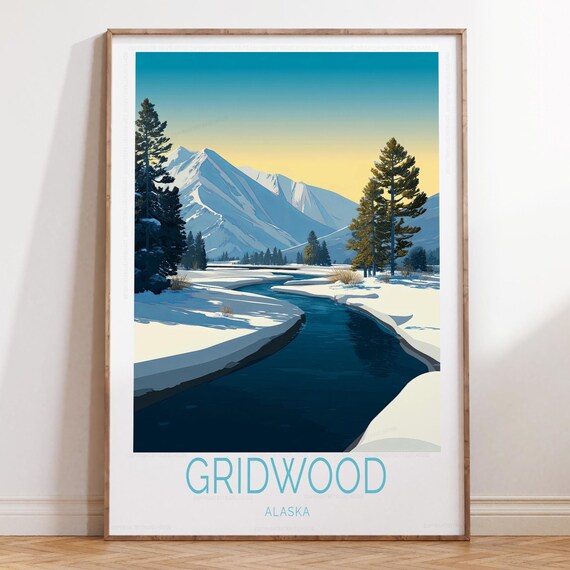 Gridwood Alaska Winter Mountain River Snowy Landscape Travel Poster