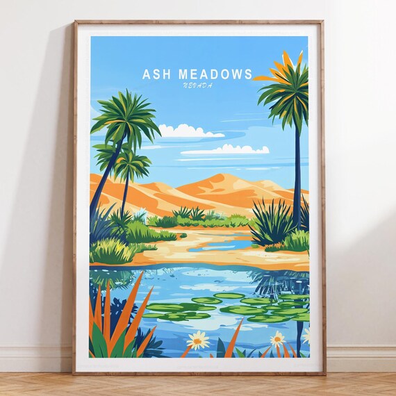 Ash Meadows Nevada Desert Pond White Lotus Flowers Palms Travel Poster
