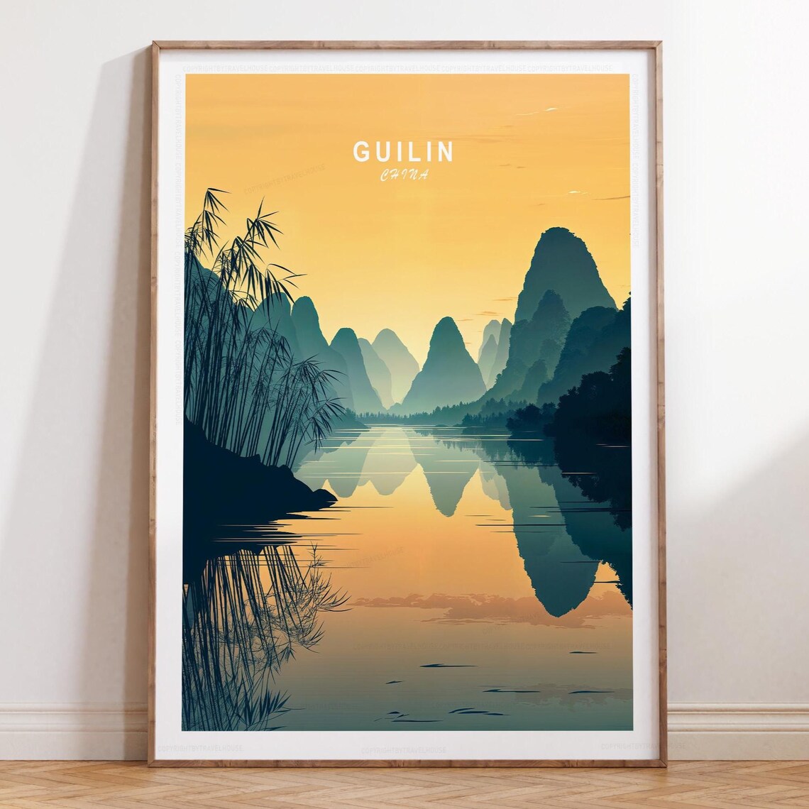 Guilin China Karst Mountains Sunrise River Sky Text Travel Poster