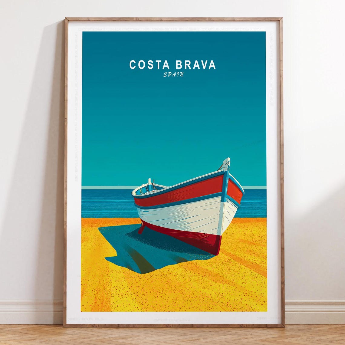Costa Brava Spain Fishing Boat Poster Mediterranean Sun Glow