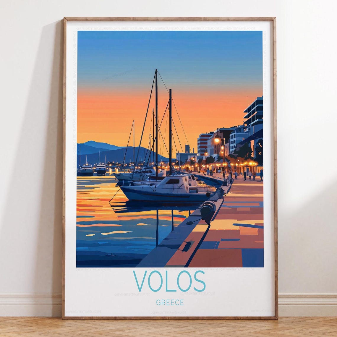 Volos Greece Pier Sunset Sailboats Promenade Evening Travel Poster