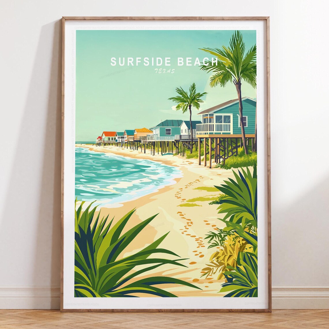 Surfside Beach Texas Stilt Beach Houses Coastal Shore Travel Poster