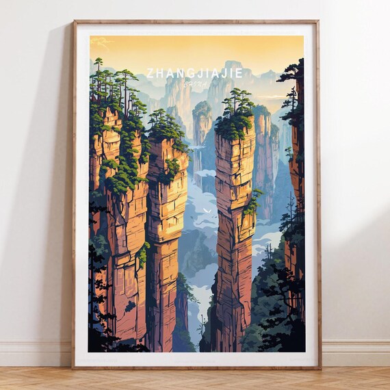 Zhangjiajie China Sandstone Pillars Illustrated Travel Poster