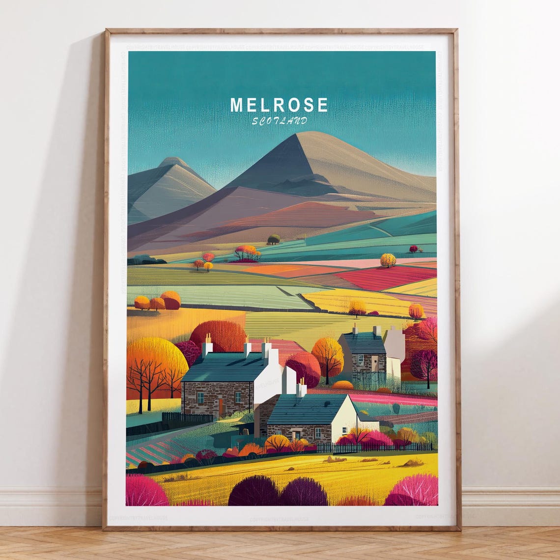 Melrose Scotland Patchwork Fields Stone Cottages Autumn Travel Poster