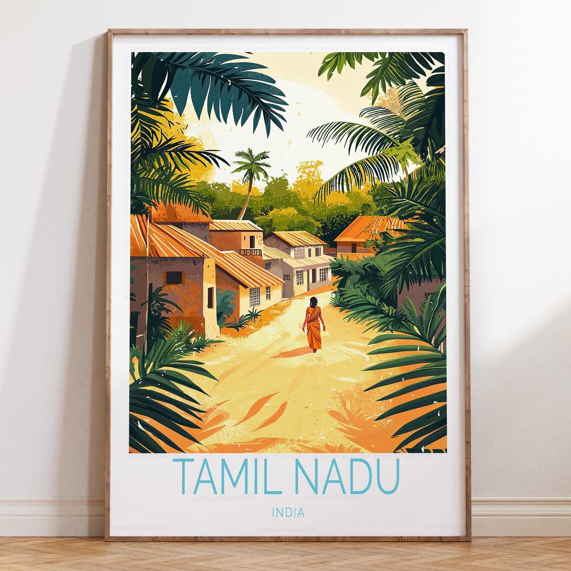 Tamil Nadu India Village Road Palm Trees Golden Travel Poster