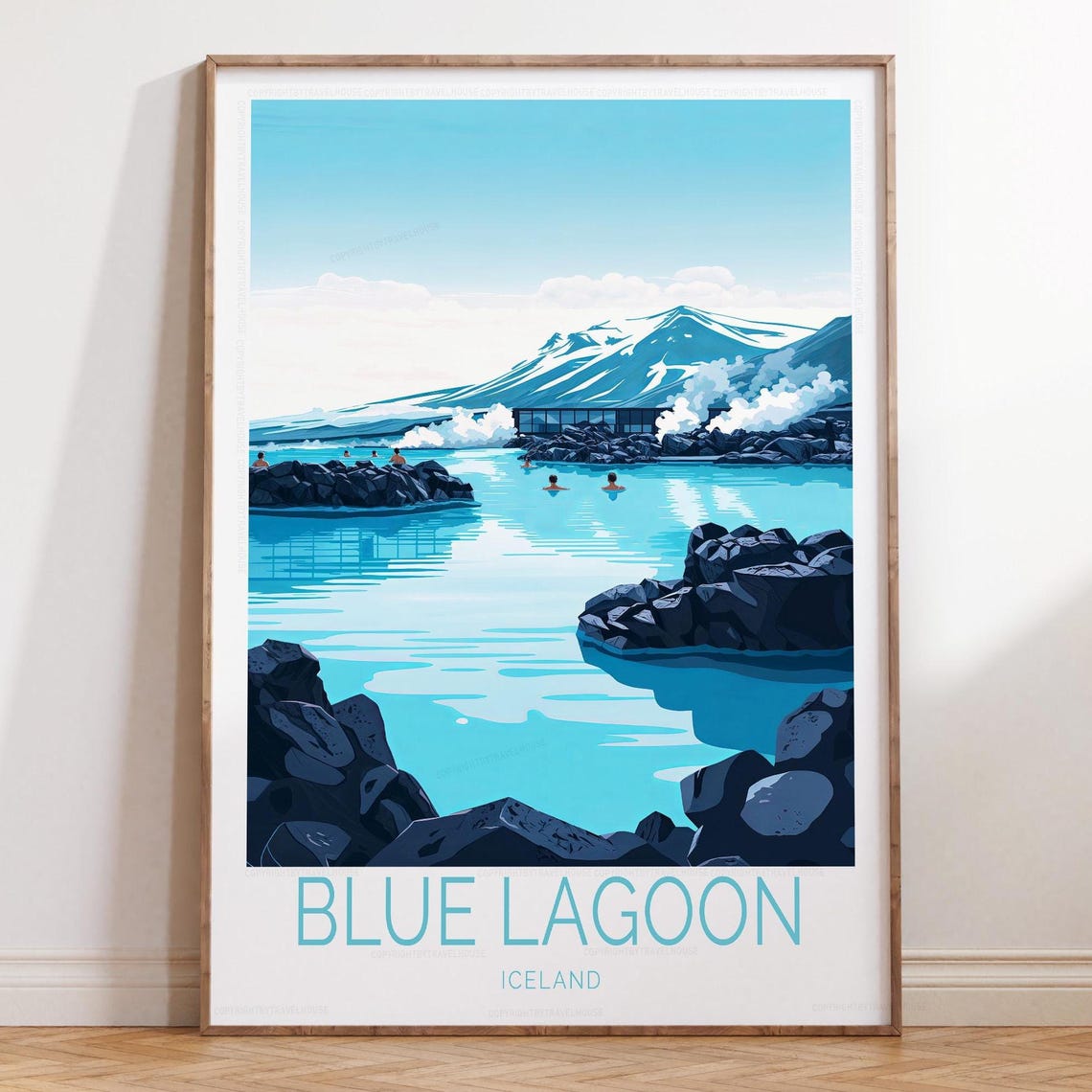 Blue Lagoon Iceland Geothermal Spa With Bathers Vintage Travel Poster