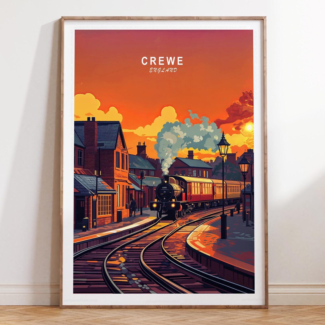 Crewe England Sunset Poster with Steam Locomotive and Station
