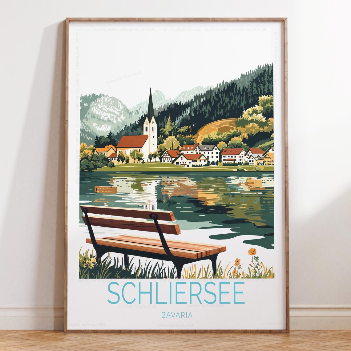 Schliersee Bavaria Lakeside Bench Town Church Reflection Travel Poster
