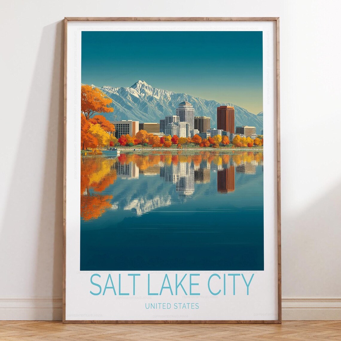 Salt Lake City Fall Foliage Lakeside Skyline Retro Style Travel Poster