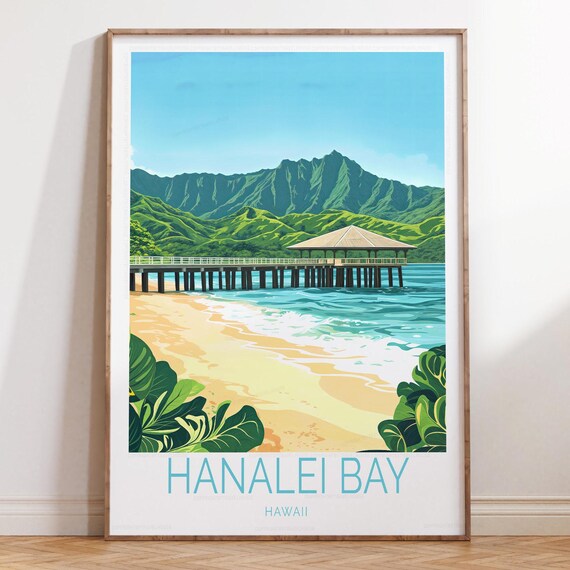 Hanalei Bay Hawaii Long Wooden Pier With Green Mountains Travel Poster