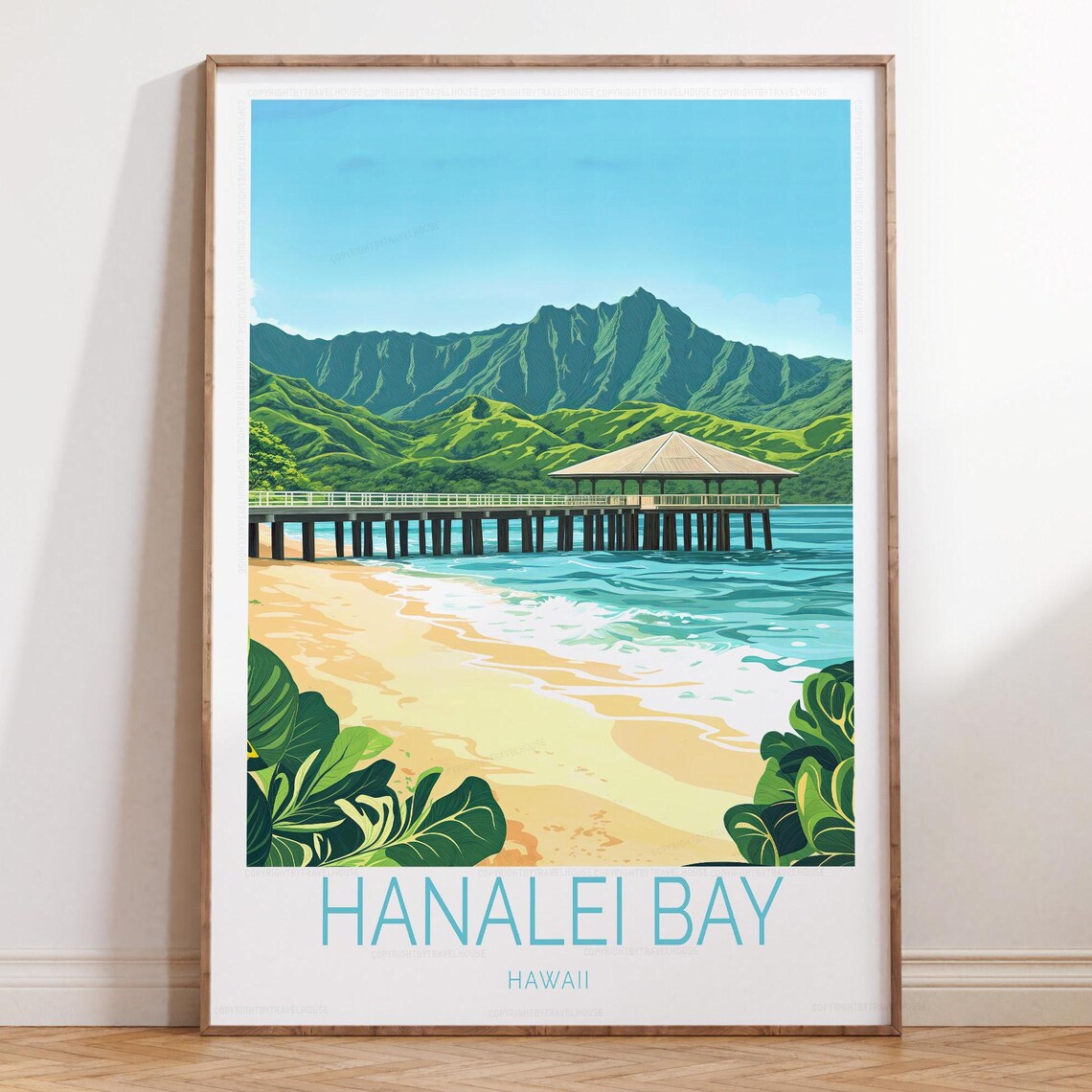 Hanalei Bay Hawaii Long Wooden Pier With Green Mountains Travel Poster