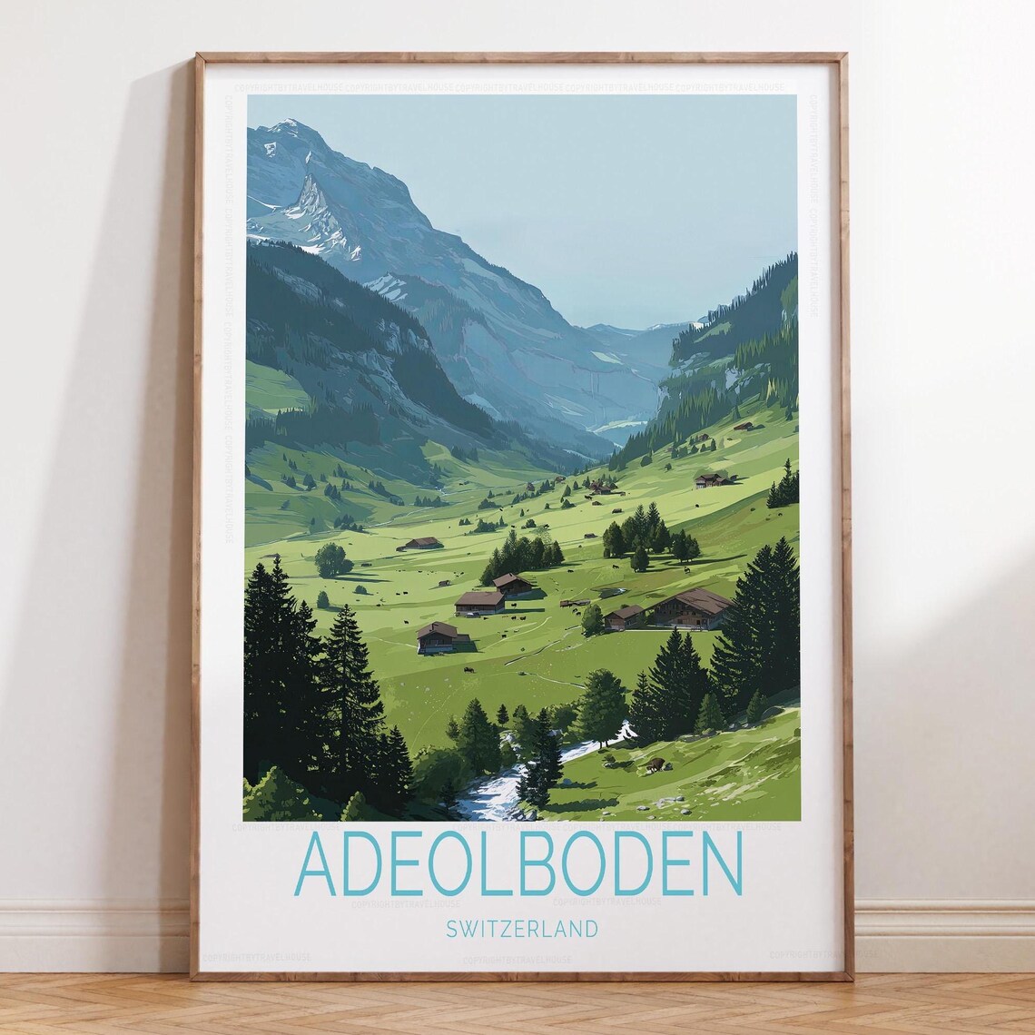 Adelboden Switzerland Green Chalet Valley Waterfall Travel Poster