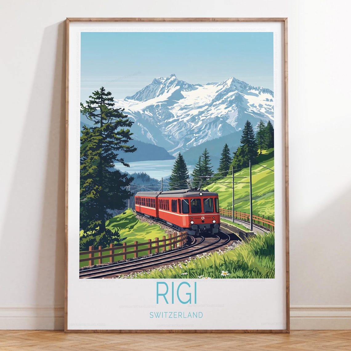 Rigi Switzerland Cogwheel Train Poster Approaching Mountain Curve