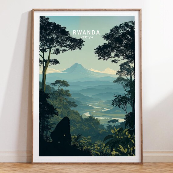 Rwanda Morning Volcano Gorilla Silhouette Africa Travel Poster