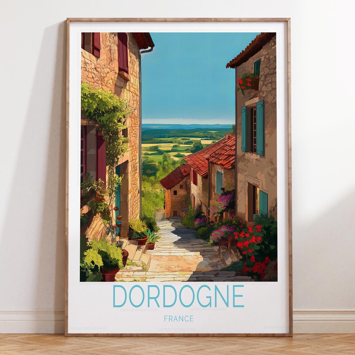 Dordogne France Cobblestone Lane Floral Village Travel Art Poster