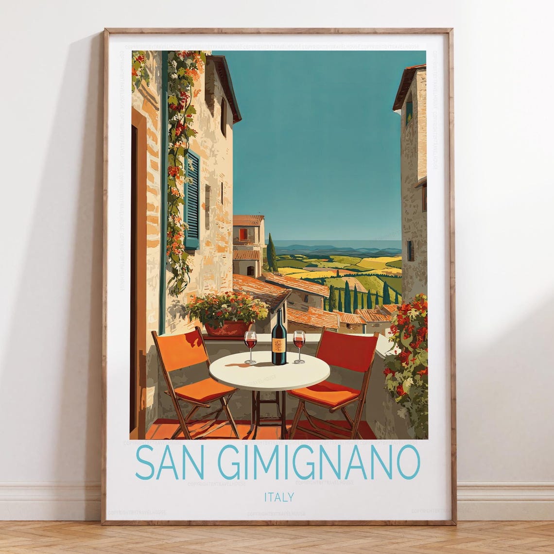 San Gimignano Italy Terrace Wine Table Over Tuscan Hills Travel Poster