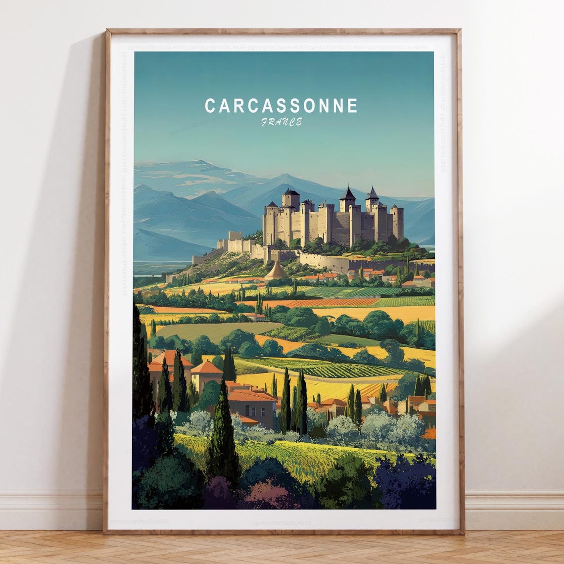 Carcassonne France Castle Mountain View Countryside Fields Poster