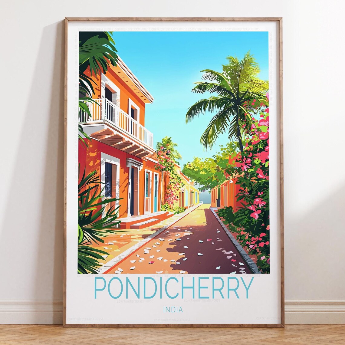 Pondicherry India Classic Travel Poster Colonial Street Scene Decor