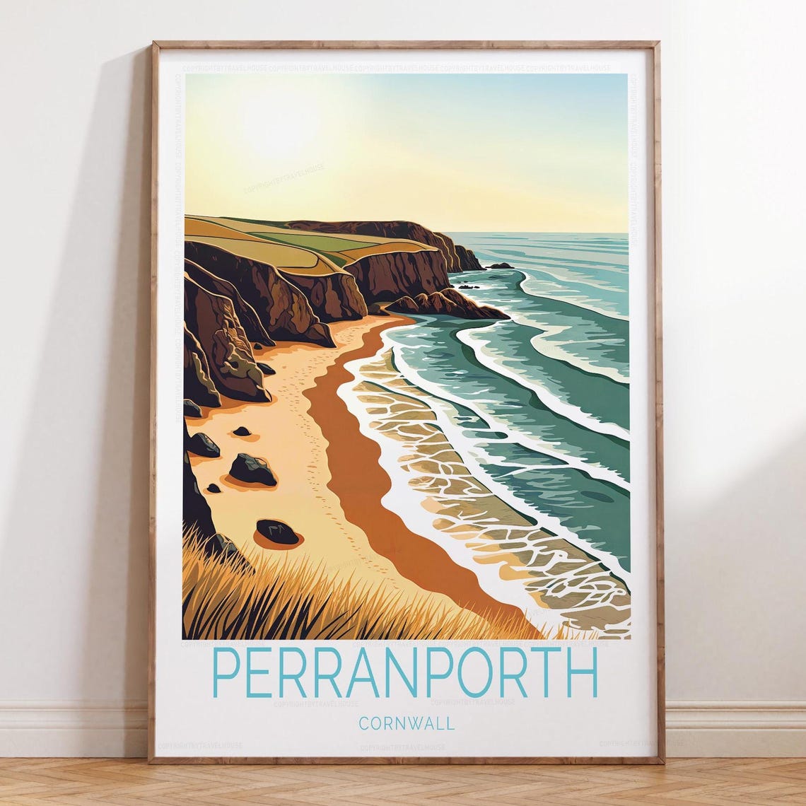 Perranporth Cornwall Golden Beach Cliff Minimalist Travel Poster