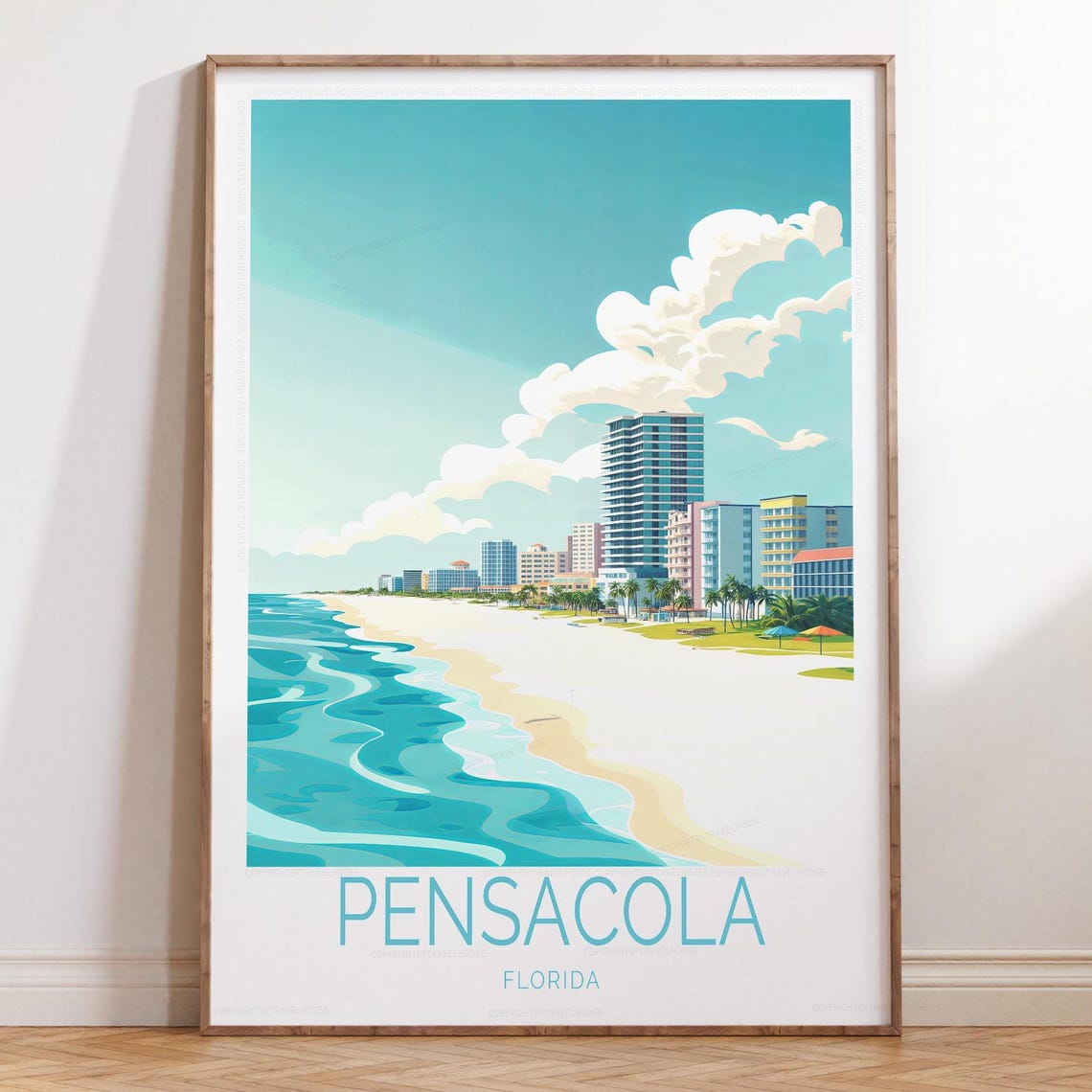 Pensacola Florida Beachfront Skyline Bottom Title Day Poster