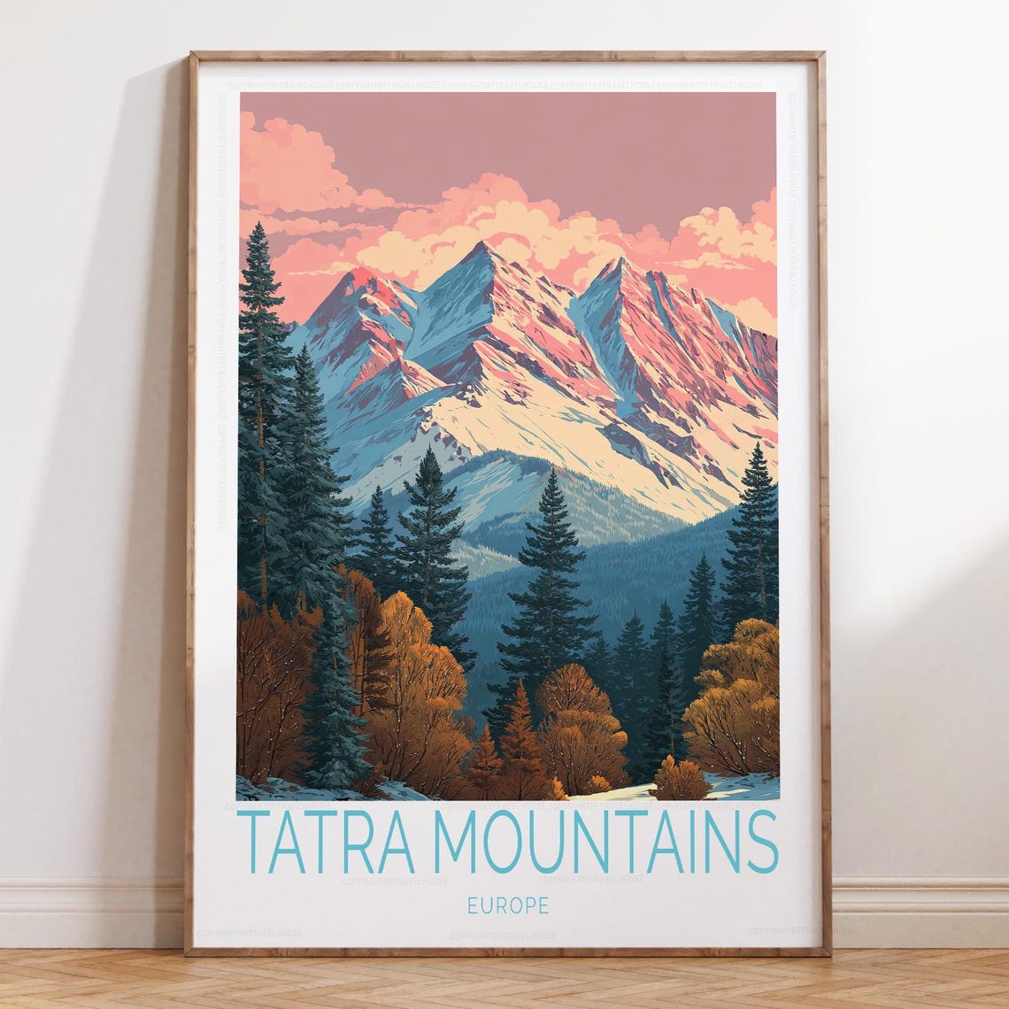 Tatra Mountains Europe Snowy Peaks Sunset Forest Travel Poster