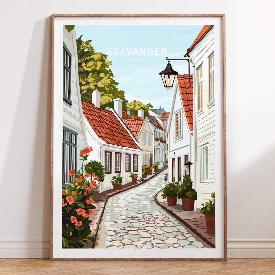 Stavanger Norway Old Town Cobblestone Street Cottage Travel Poster