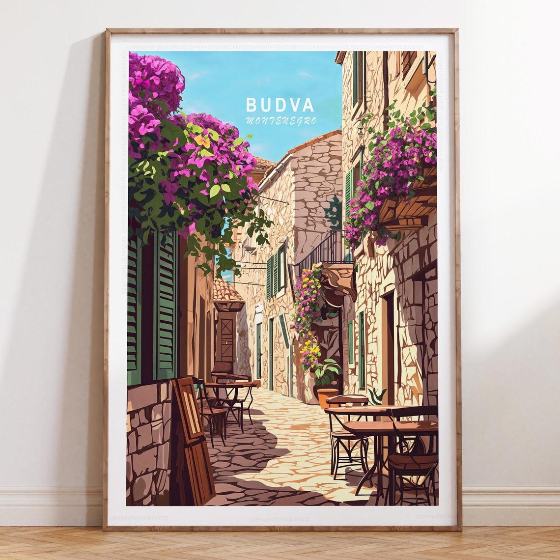 Budva Montenegro Old Town Poster with Bougainvillea and Cafes