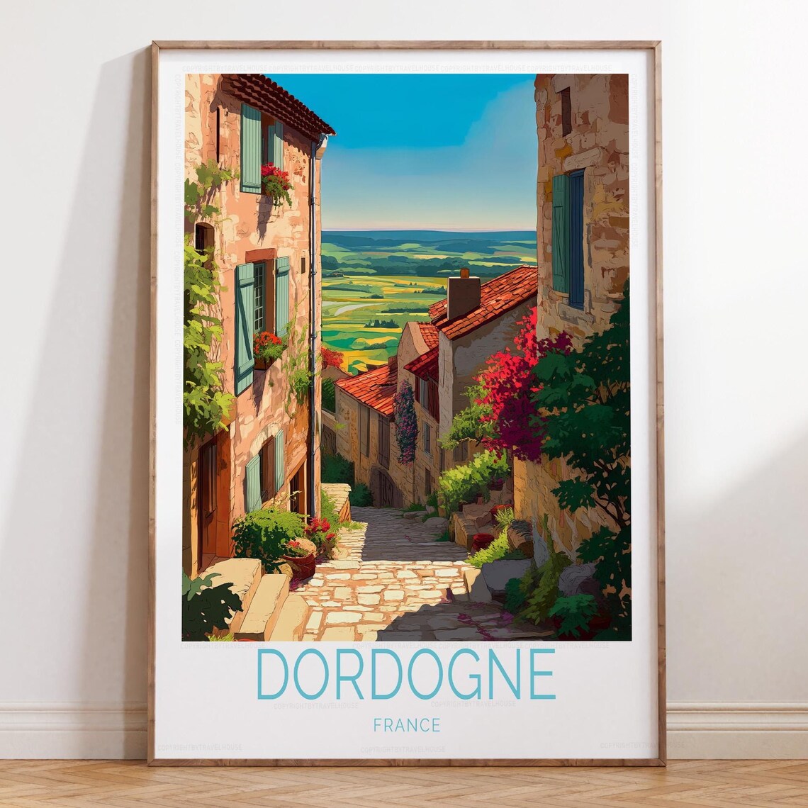 Sunny Dordogne France Village Street View Vintage Travel Art Poster